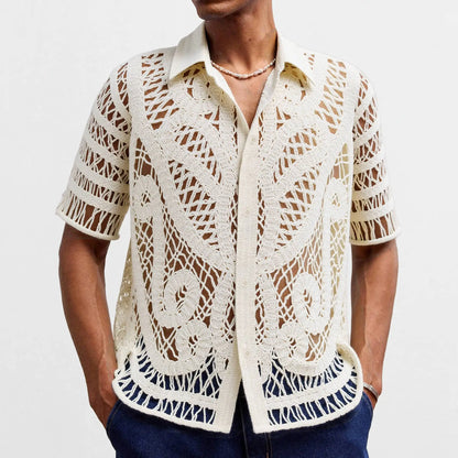 Men's Mesh Crochet Open Front Polo Shirt