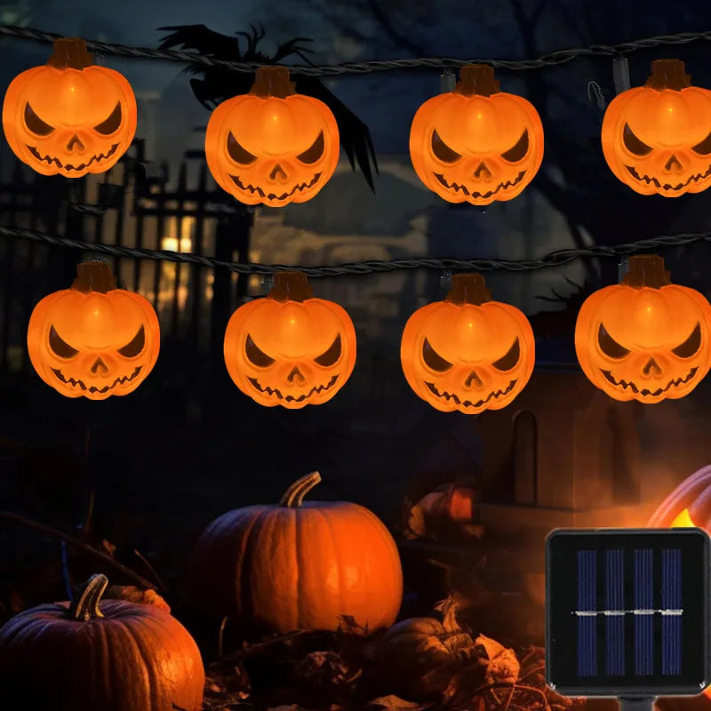 Solar Halloween Pumpkin String Lights - Spooky Outdoor LED Garland