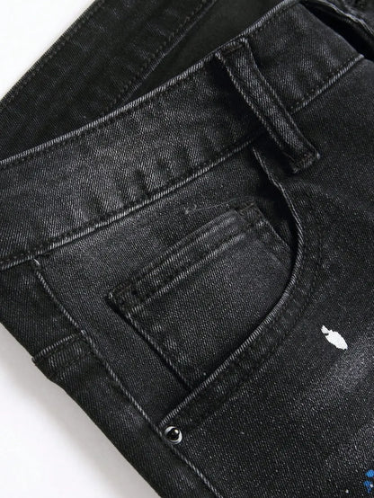 Men’s Ripped Patchwork Slim Fit Stretchy Jeans