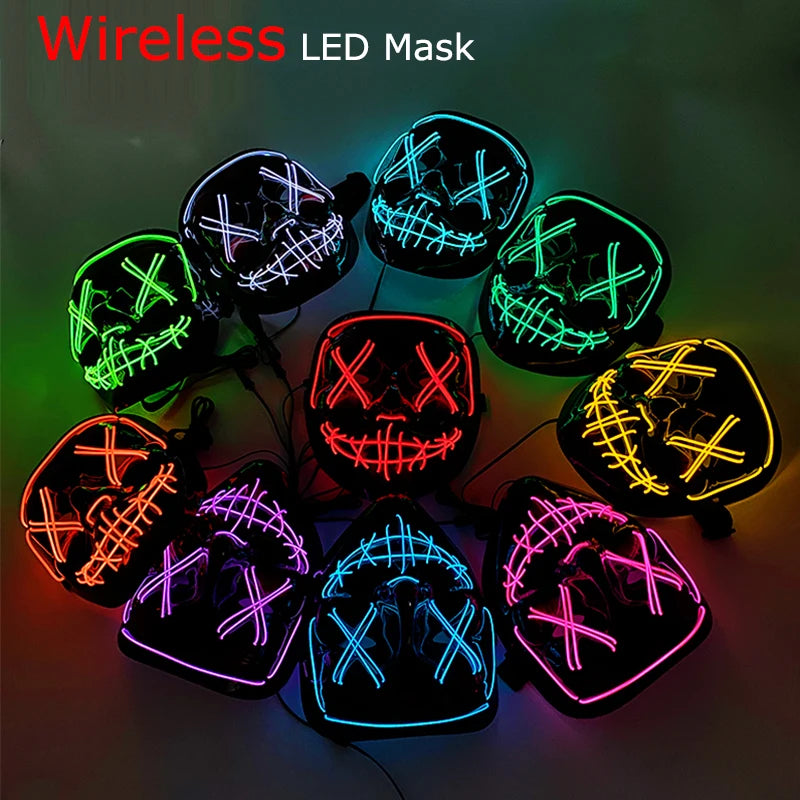 LED Light-Up Neon Wire Purge Mask – 3-Mode Halloween Horror Cosplay Mask for Adults