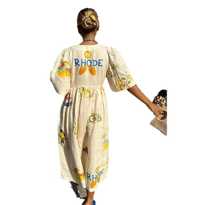 Women's Boho Printed V-Neck Puff Sleeve Loose Vacation Maxi Dress