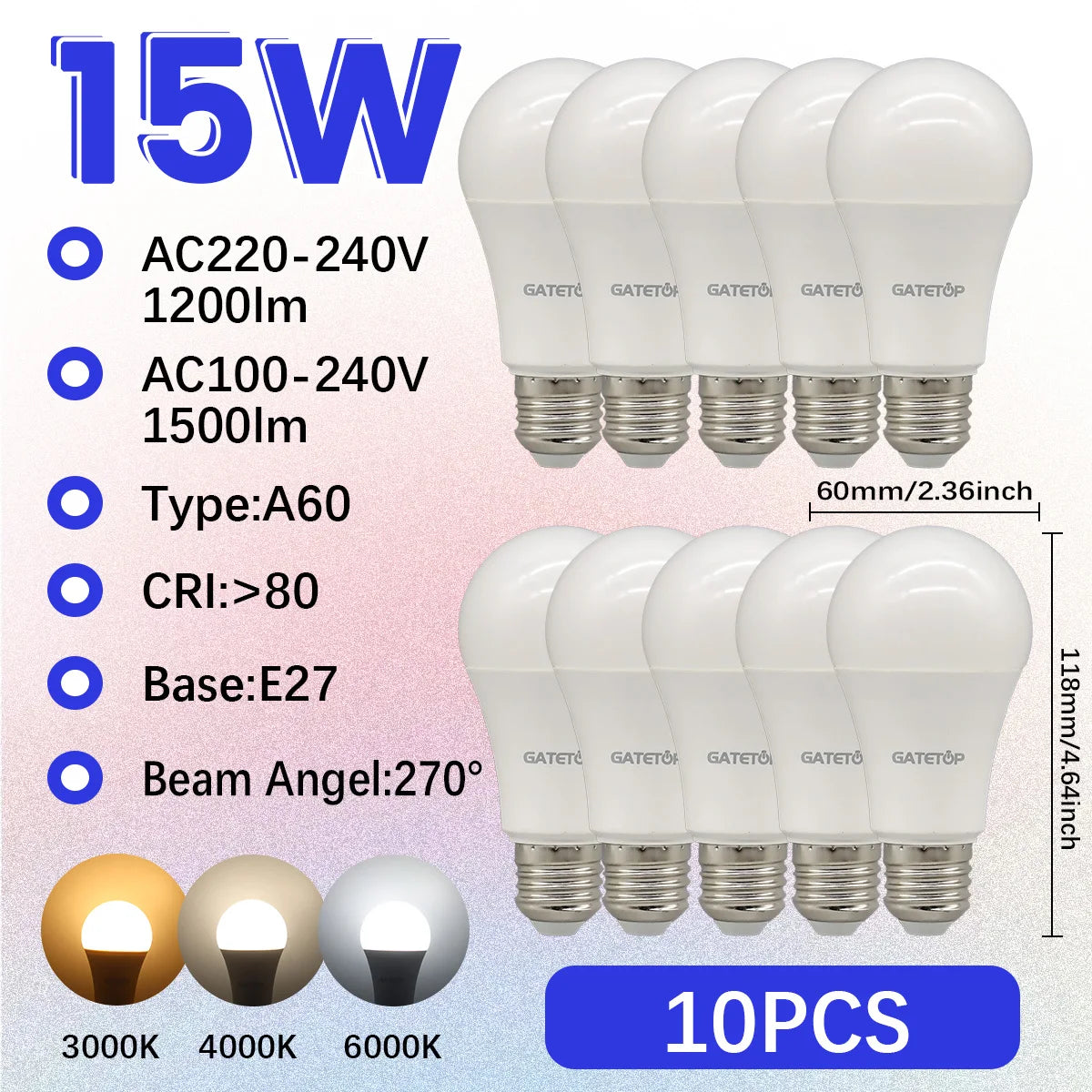 High-Efficiency Energy Saving LED Light Bulb – E27/B22 Base (15W / 3000K–6000K)