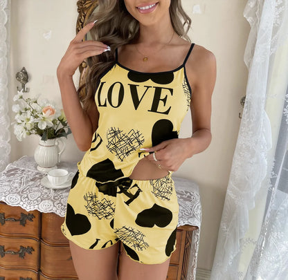 Women's Heart Print 2-Piece Cami Pajama Set - Sleeveless Tank Top & Shorts