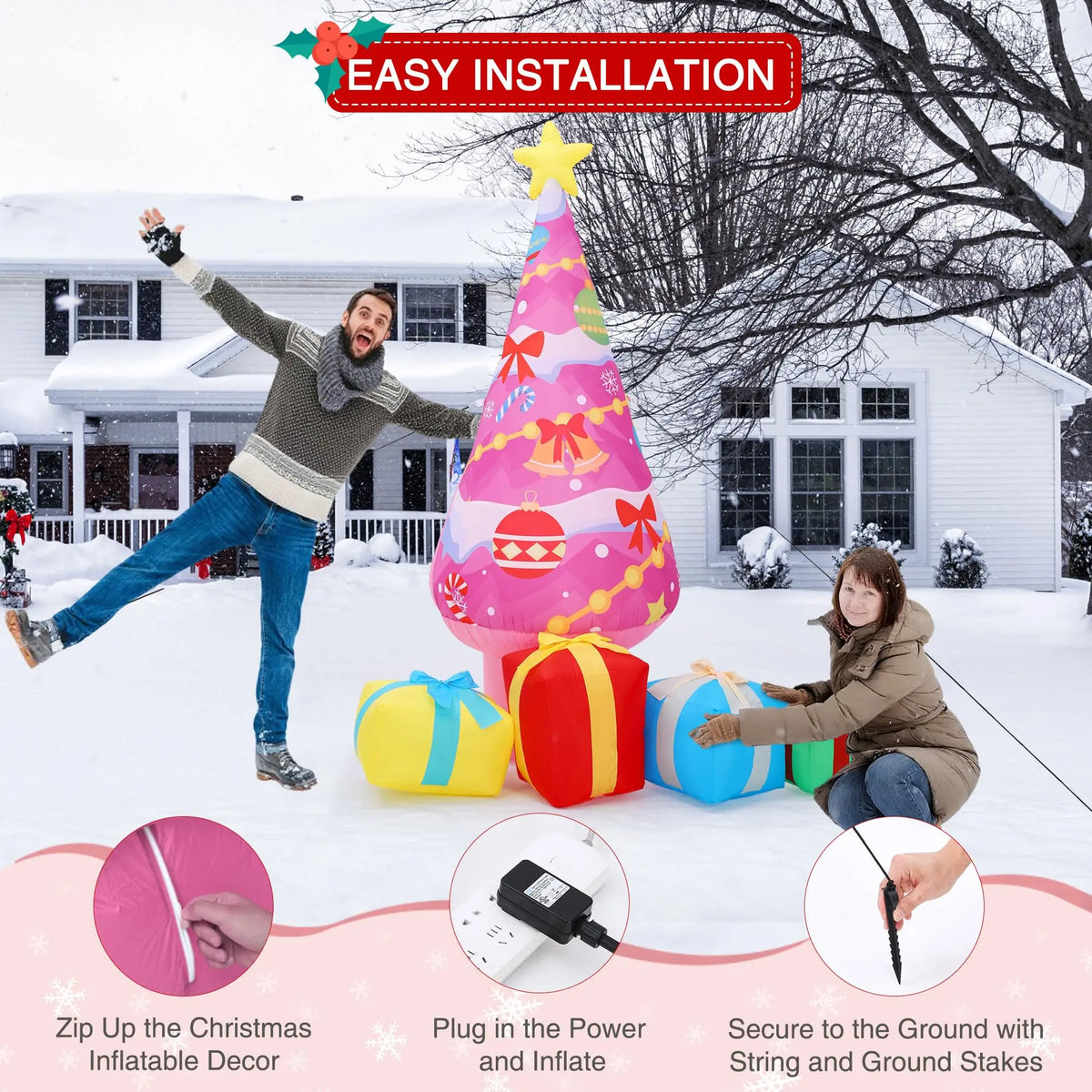 7FT Pink Christmas Tree Inflatable With LED Lights Gift Boxes