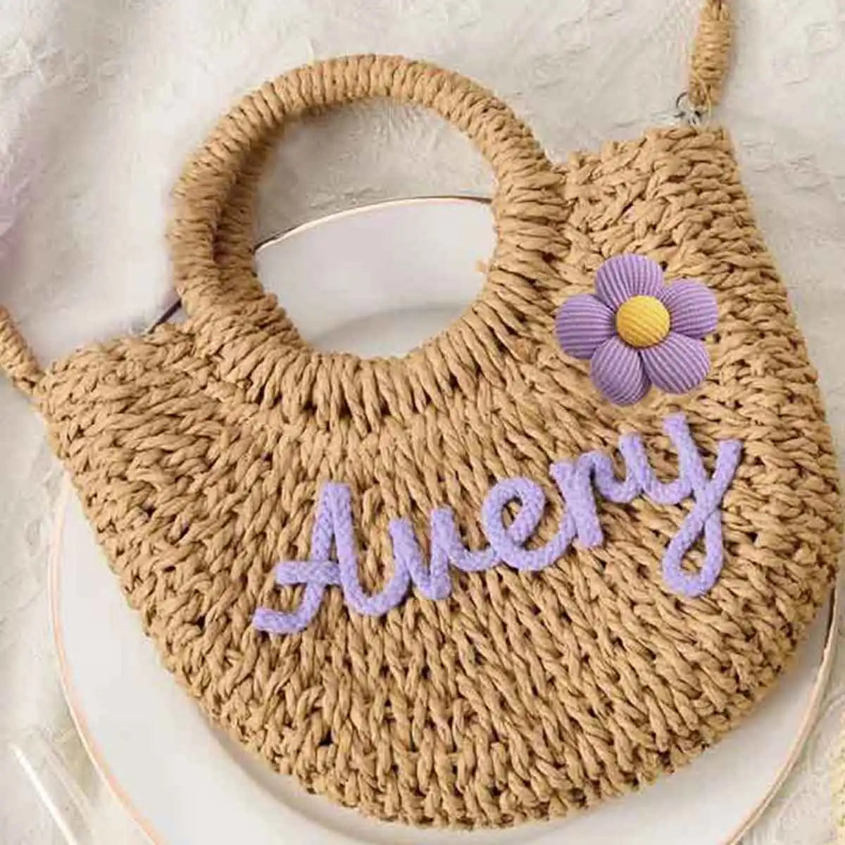 Personalized Hand-Woven Straw Tote Bag – Custom Embroidered Beach & Vacation Crossbody Bag