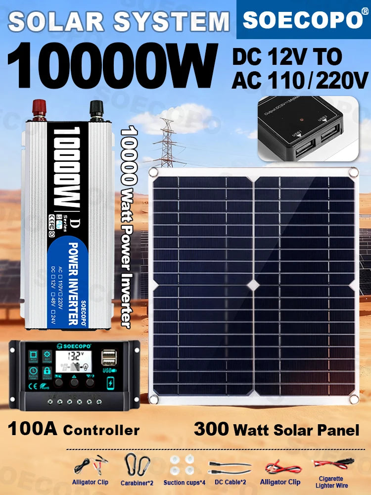 10000W Complete Solar Power Kit with 300W Panel, 100A Controller, and Inverter