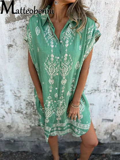 Women's Vintage Cotton Linen Single-Breasted Shirt Dress