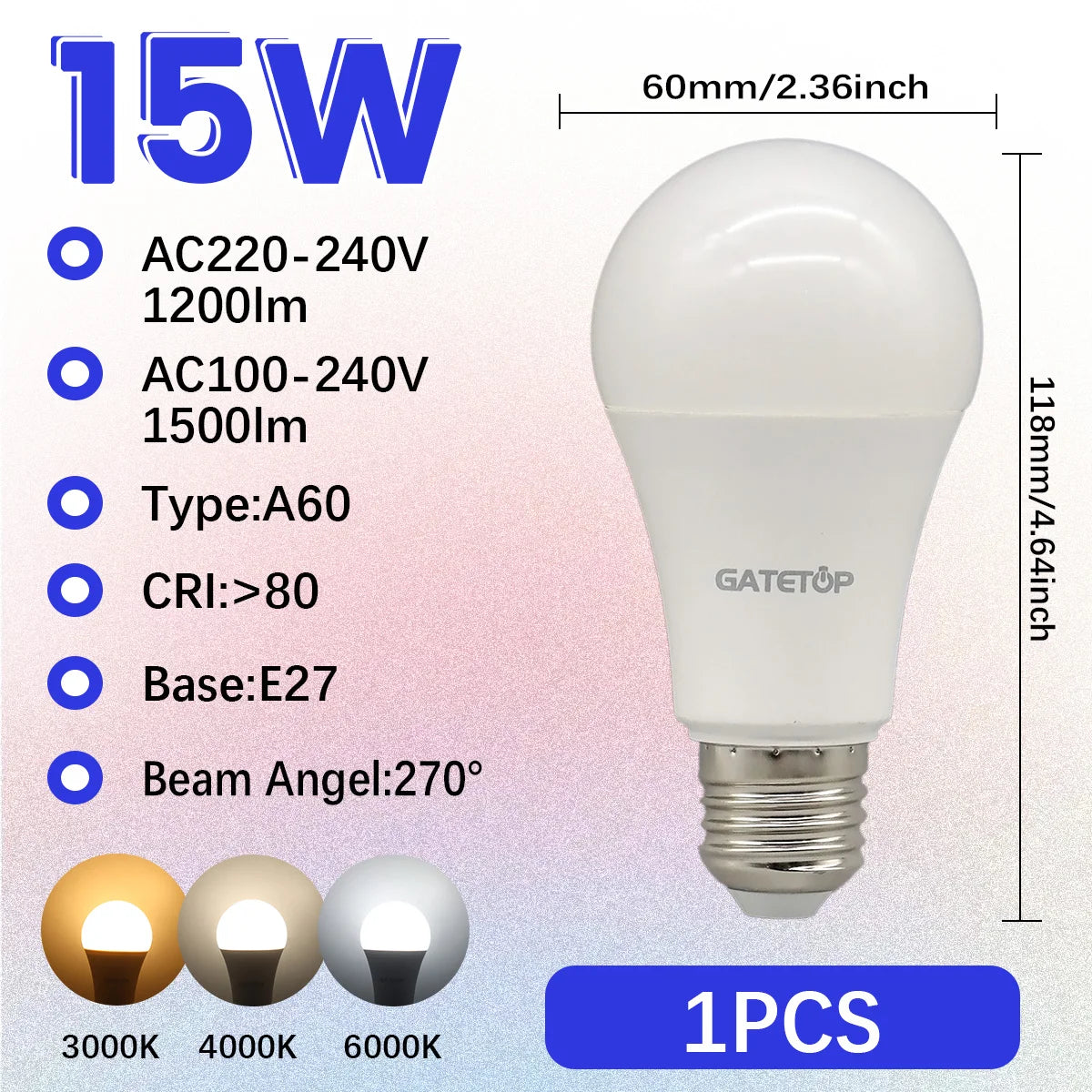 High-Efficiency Energy Saving LED Light Bulb – E27/B22 Base (15W / 3000K–6000K)