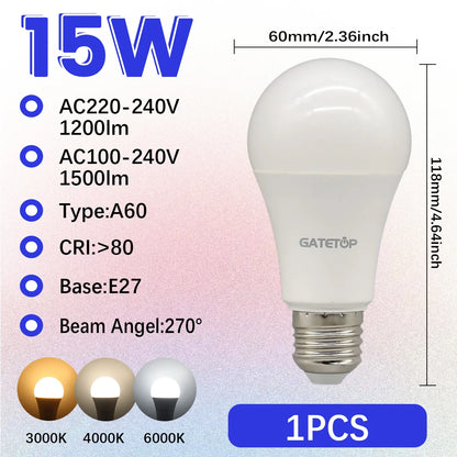 High-Efficiency Energy Saving LED Light Bulb – E27/B22 Base (15W / 3000K–6000K)