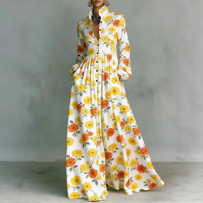 Women's Retro Print High-Waist Boho Shirt Dress