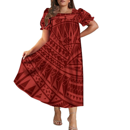 Women's Short-Sleeve Puff Sleeve Square Neck Midi Dress