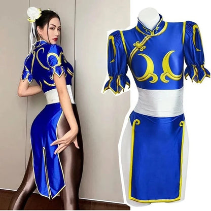 Women's Street Fighter Chun Li Cosplay Costume - Blue Cheongsam Dress with Headdress & Waistband Set