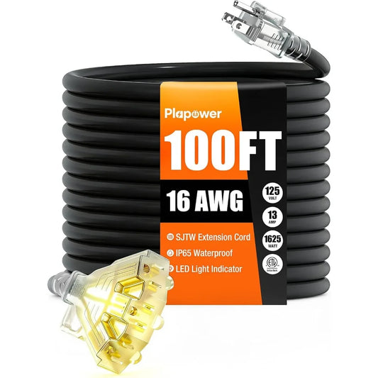 100 FT 16/3 Heavy-Duty Outdoor Extension Cord with 3 Outlets