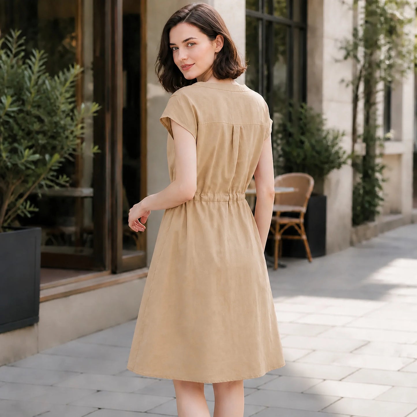 Women's Summer Cotton Linen Short Sleeve Button-Down A-Line Dress