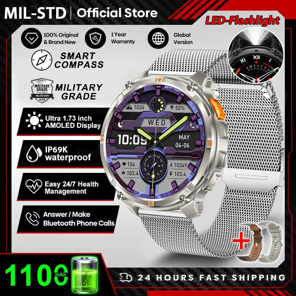 Rugged Outdoor AMOLED GPS Smartwatch with Flashlight