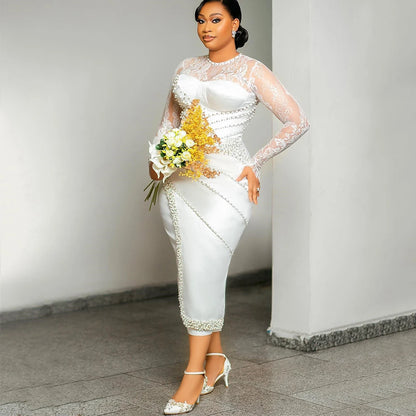 Women's O-Neck Lace & Pearl Beaded Long Sleeve Satin Tea-Length Bridal Dress