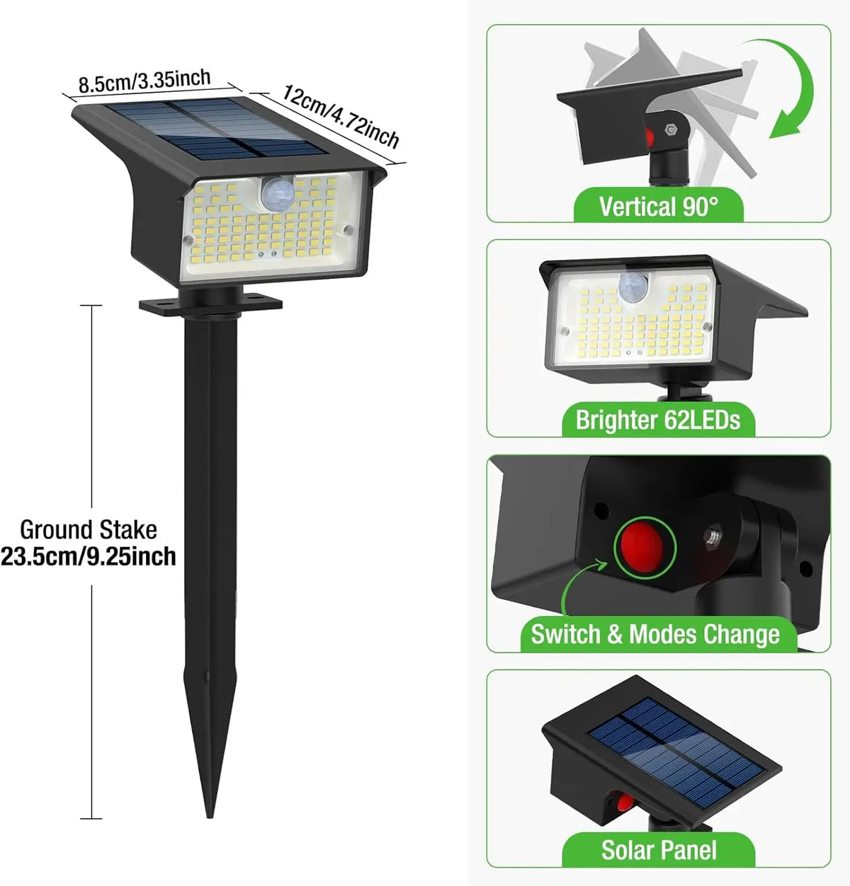 62 LED Outdoor Solar Spot Lights - Motion Sensor Landscape Waterproof Spotlights