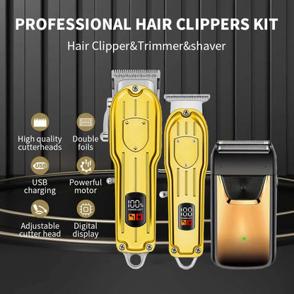 Professional Cordless Hair Clipper & Trimmer Set – USB Rechargeable Grooming Kit with LCD Display