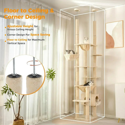 Floor-to-Ceiling Adjustable Cat Tree Tower with Sisal Scratching Posts & Condo
