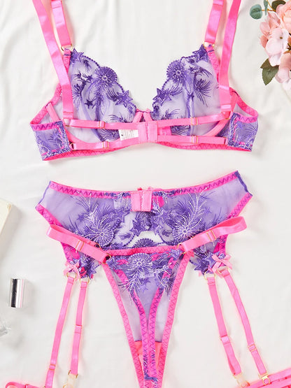 Women’s Pink Floral Lace Lingerie Set – Sensual Contrast Garter Belt & See-Through Bra 3PC Set