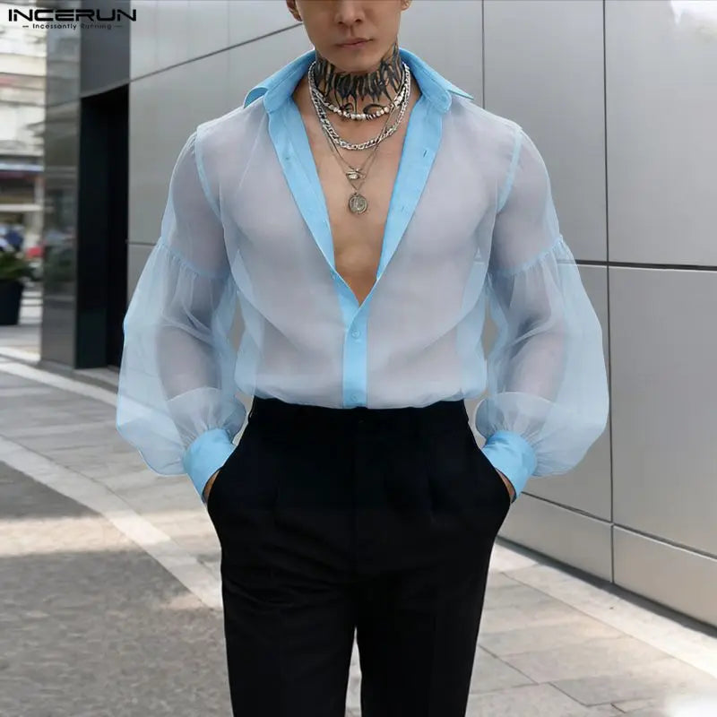 INCERUN Men’s Mesh Patchwork Long Sleeve Button-Down Shirt – Summer Streetwear See-Through Top