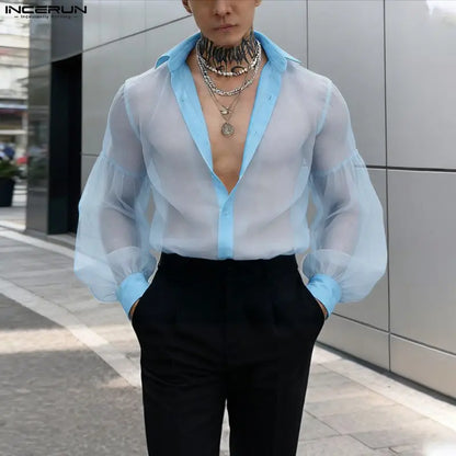INCERUN Men’s Mesh Patchwork Long Sleeve Button-Down Shirt – Summer Streetwear See-Through Top