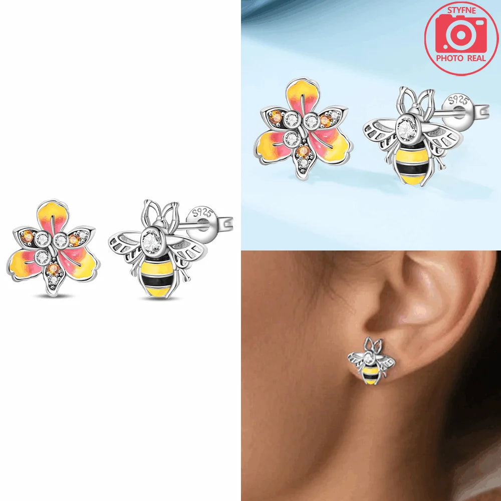 925 Sterling Silver Dancing Bee Hoop Earrings – Cute Enamel Zircon Jewelry