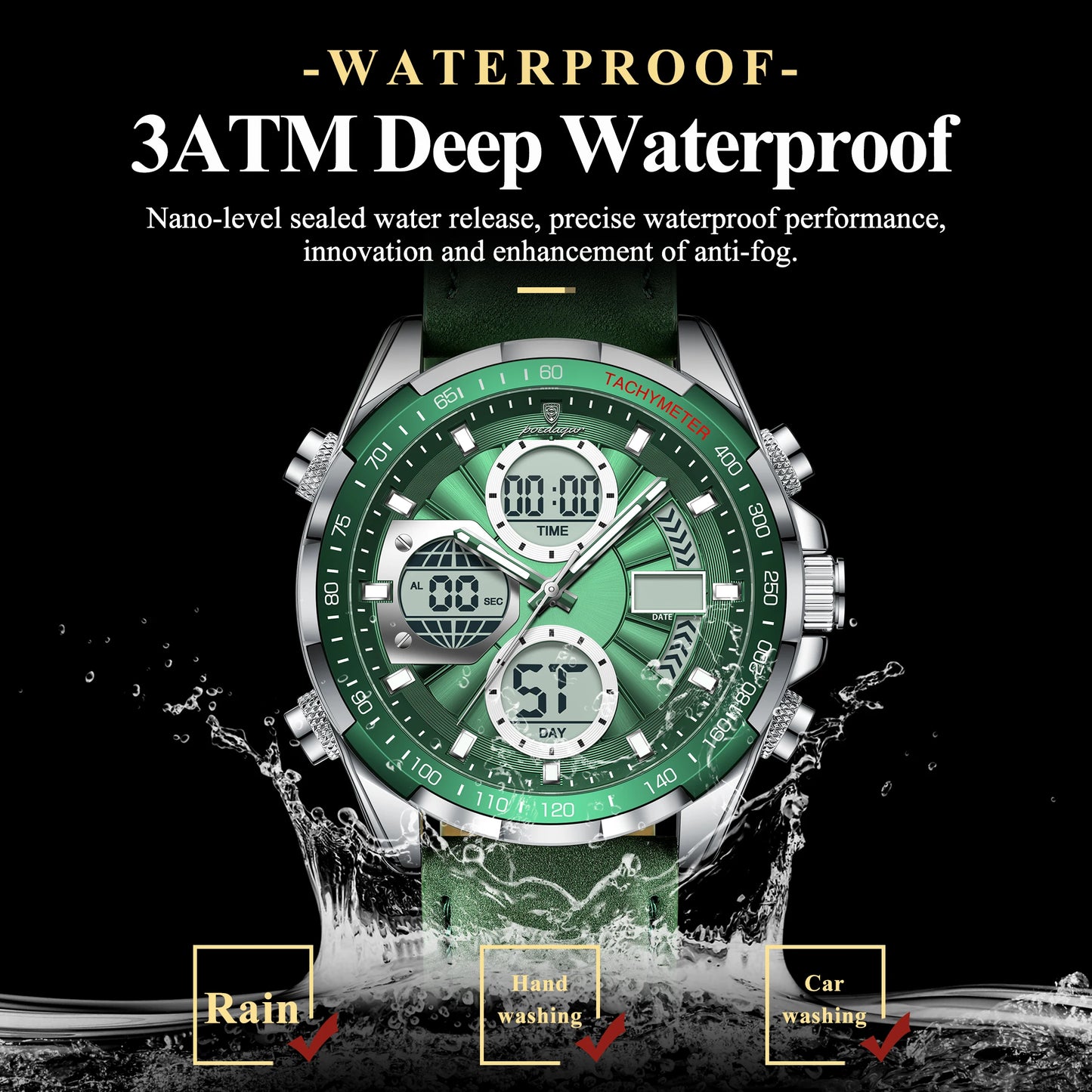POEDAGAR LED Luminous Dual Time Display Digital Quartz Watch