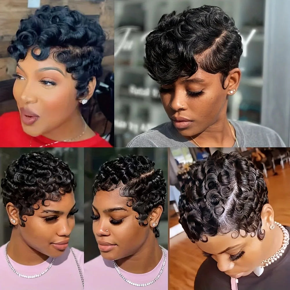 Short Pixie Cut Curly Wave Human Hair Wig, 6 Inch, 250% Density Glueless