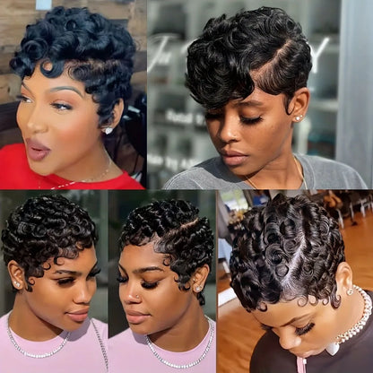 Short Pixie Cut Curly Wave Human Hair Wig, 6 Inch, 250% Density Glueless