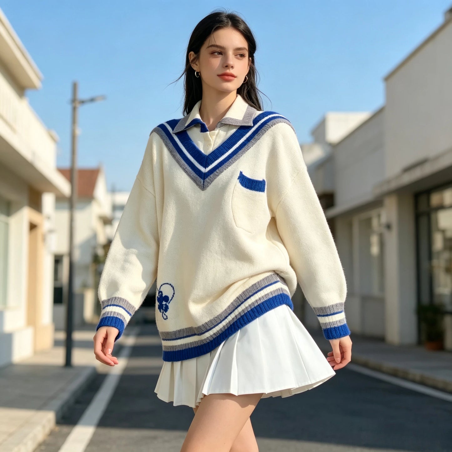 Women’s College Style Spliced Polo Collar Knitted Sweater