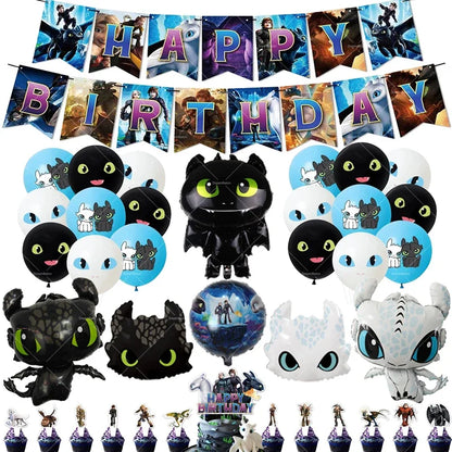 How to Train Your Dragon Party Decorations Set - Foil Balloons, Birthday Banner & Cake Toppers