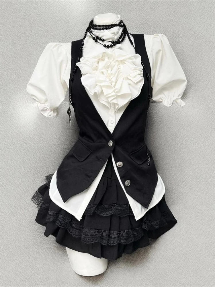 Retro Chic Bubble Sleeve Shirt + Slim Vest + Short Cake Skirt 3 Piece Set