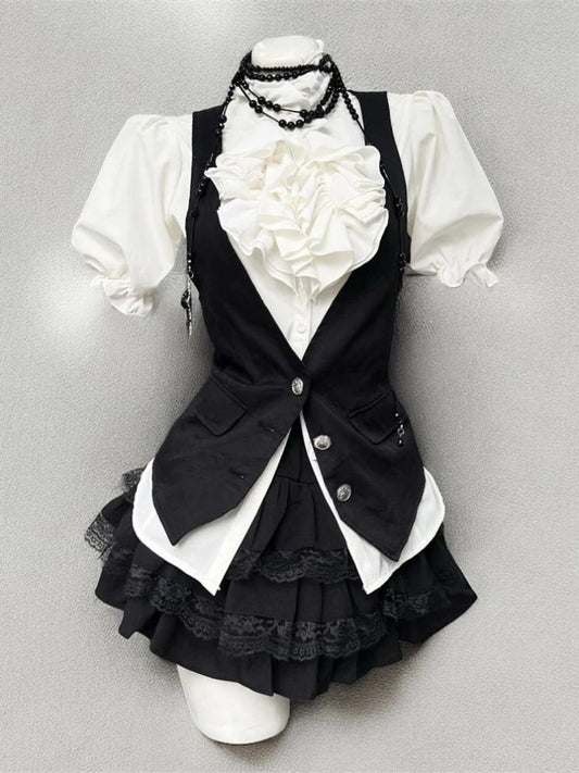 Retro Chic Bubble Sleeve Shirt + Slim Vest + Short Cake Skirt 3 Piece Set