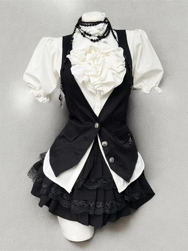 Retro Chic Bubble Sleeve Shirt + Slim Vest + Short Cake Skirt 3 Piece Set