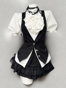 Retro Chic Bubble Sleeve Shirt + Slim Vest + Short Cake Skirt 3 Piece Set