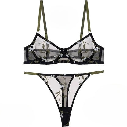 Women's Embroidered Mesh Sheer Bra & Thong Lingerie Set