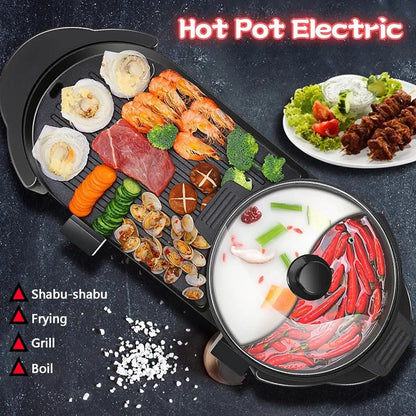 Electric Hot Pot with Grill 2 in 1 Shabu Shabu Korean BBQ Large Capacity Removable Pot