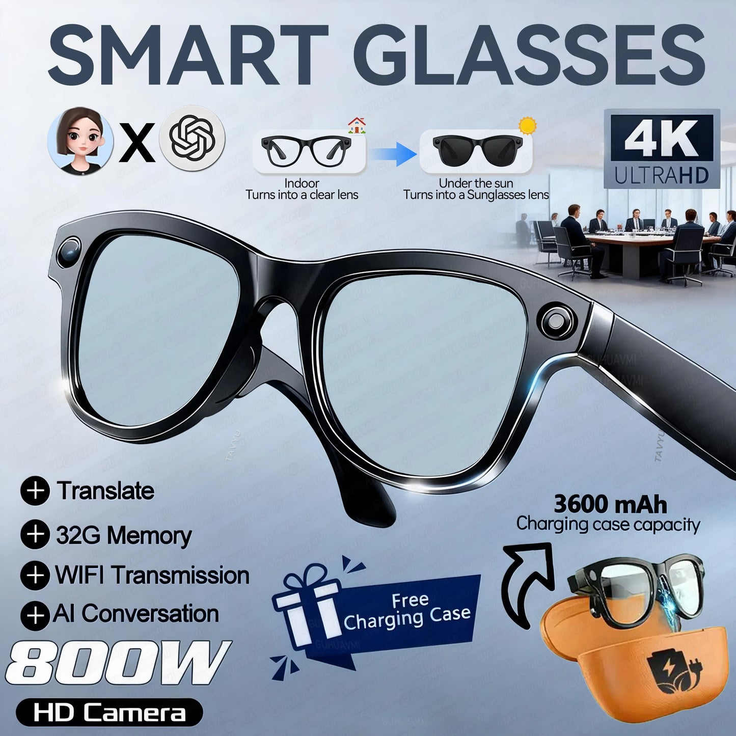 Smart AI Audio Video Glasses with 5MP HD Camera, 100+ Language Translation, ChatGPT & Bluetooth Audio