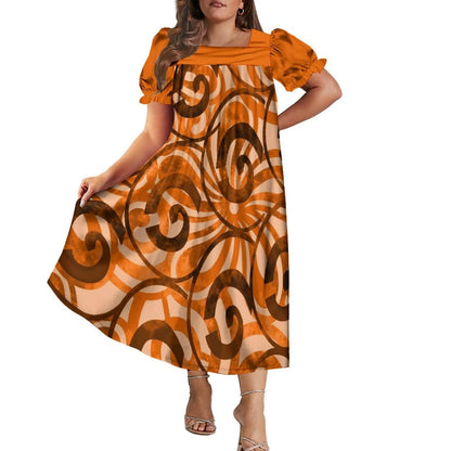 Women's Short-Sleeve Puff Sleeve Square Neck Midi Dress