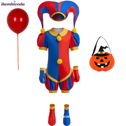 Girls' Digital Circus Pomni Cosplay Costume Set - Red & Blue Clown Dress Outfit for Kids