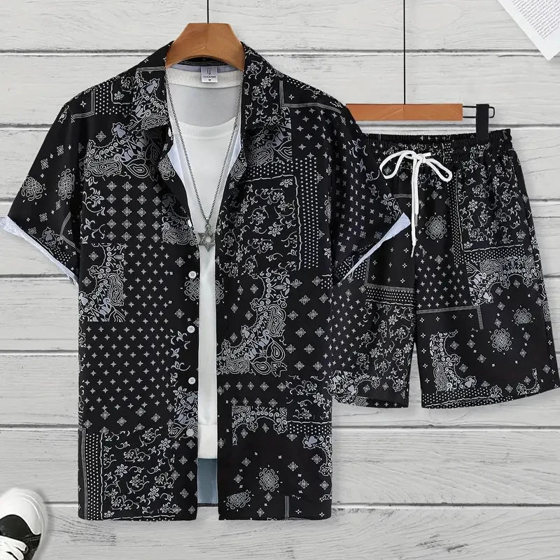 Men's Tropical Hawaiian Printed Short Sleeve Shirt & Shorts 2-Piece Suit Set