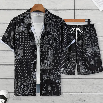 Men's Tropical Hawaiian Printed Short Sleeve Shirt & Shorts 2-Piece Suit Set