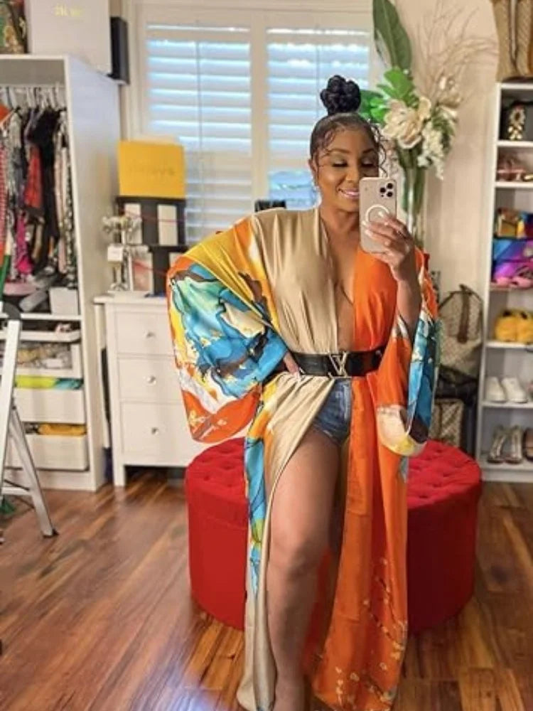 Long Floral Patterned Silky Open Front Swimwear Cover-Up