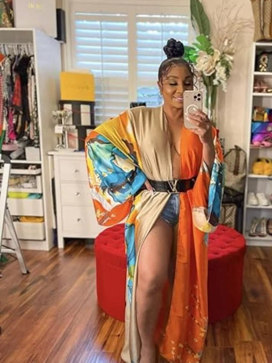 Long Floral Patterned Silky Open Front Swimwear Cover-Up