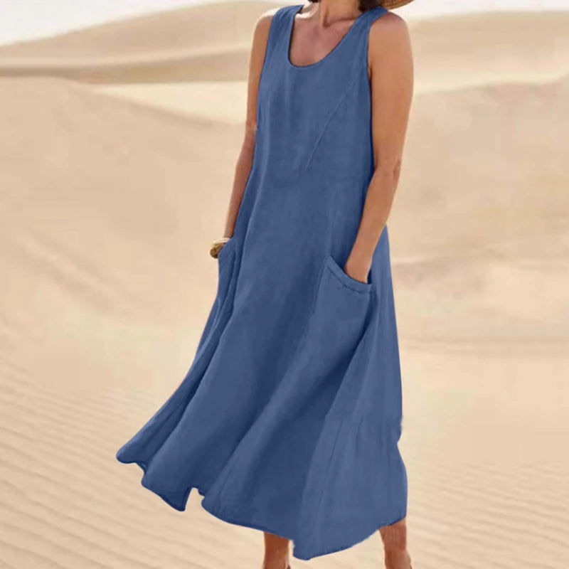 Women's Summer Cotton Linen Sleeveless Loose Maxi Dress with Pockets