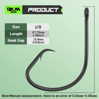 9KM Inline Circle Fishing Hooks - High Carbon Steel Wide Gap Bait Hooks for Catfish & Striped Bass