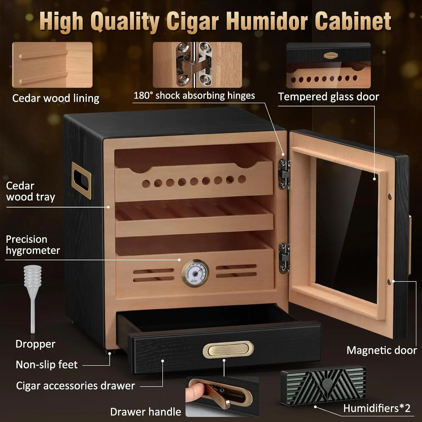 Spanish Cedar Wood Cigar Humidor Cabinet with Accessories Drawer, Precision Hygrometer and 2 Humidifiers