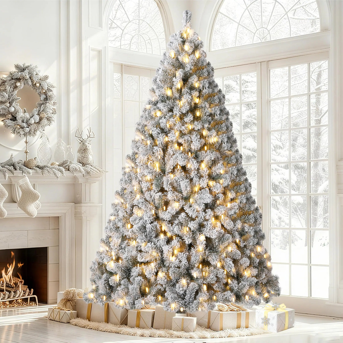 6FT/7.5FT Flocked Artificial Christmas Tree with Snowy Warm White LED Lights - Hinged Fraser Fir Holiday Decor