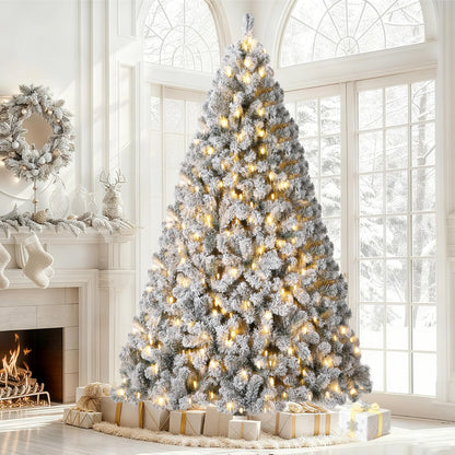6FT/7.5FT Flocked Artificial Christmas Tree with Snowy Warm White LED Lights - Hinged Fraser Fir Holiday Decor
